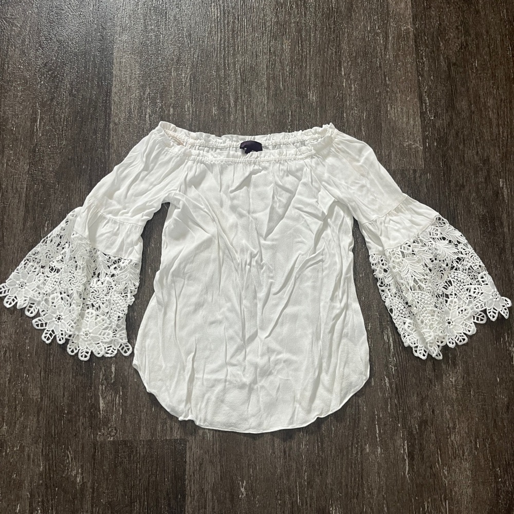 Hale Bob White Lace Bell Sleeve Off Shoulder Boho Tunic Top XS